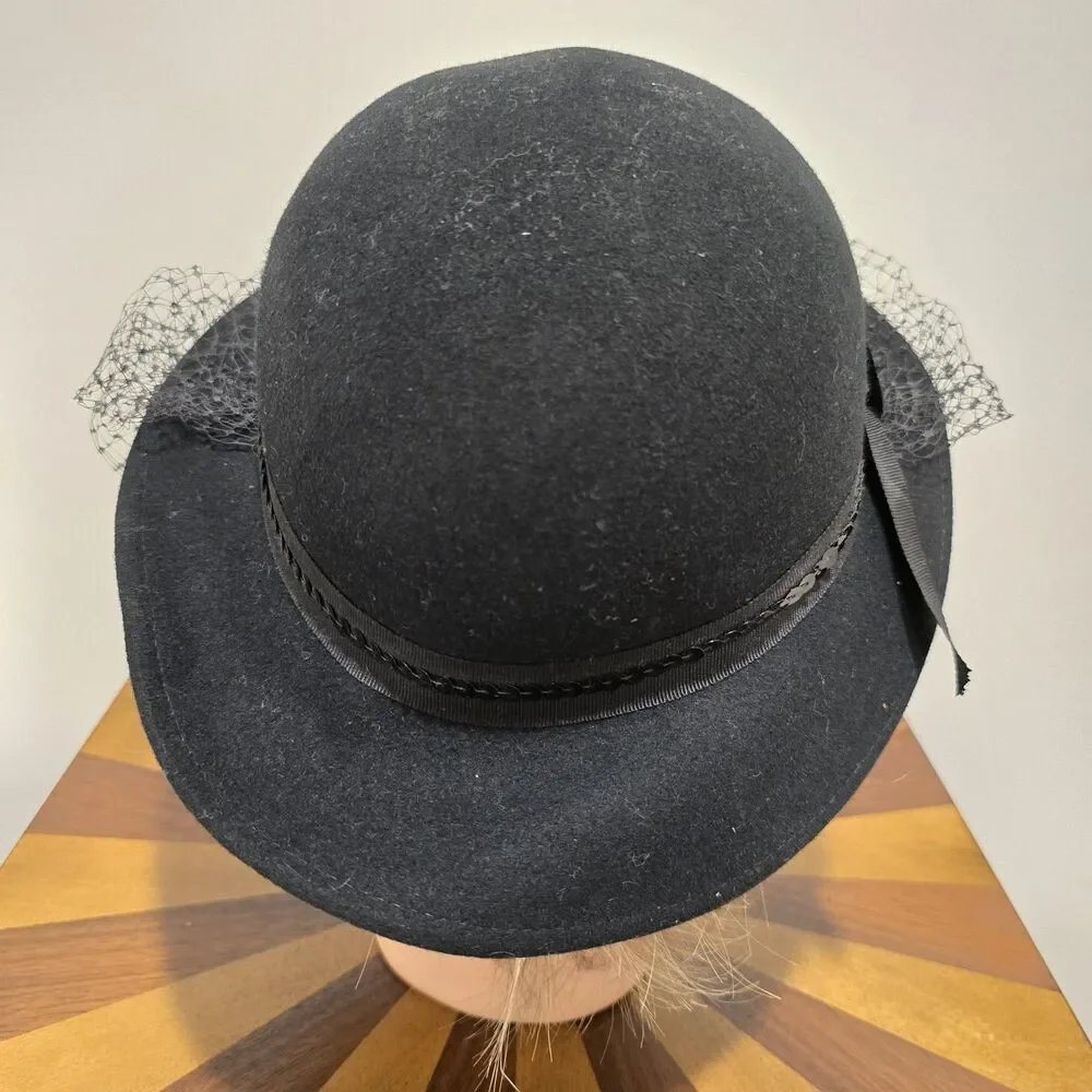 True Vintage Lancaster Black Wool Felt Hat Face Netting USA Black Sequin Classy